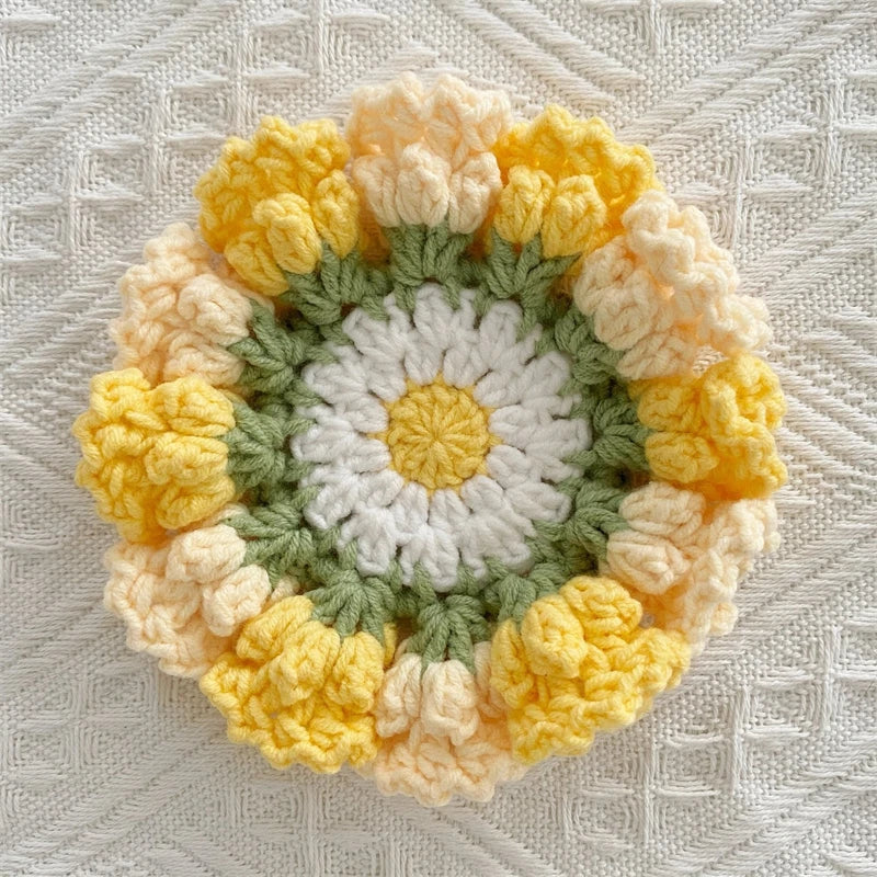 Crochet Rose Flower Drink Coasters for Coffee Tables Handmade Style Floral Kitchen Decor