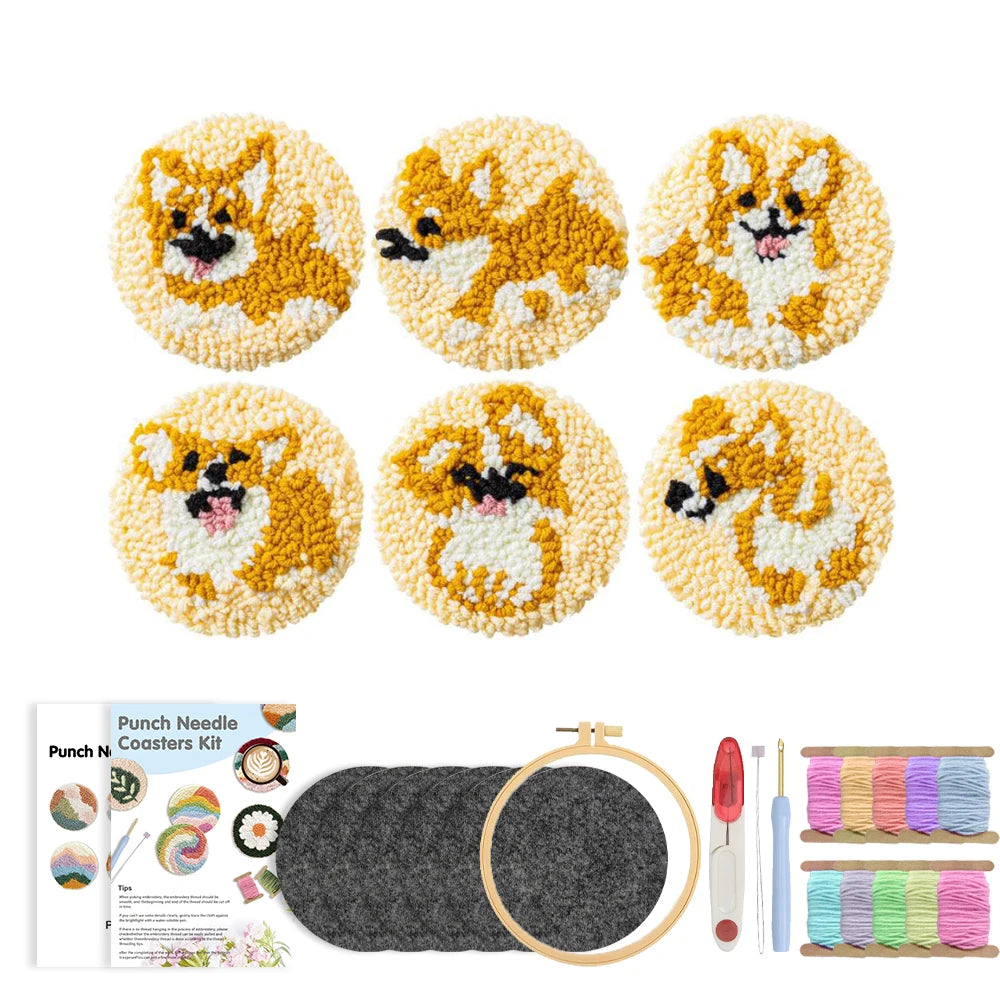 Cute Dog Punch Needle Coaster Craft Kit for Beginners Handmade Animal Mug Rugs and Gifts