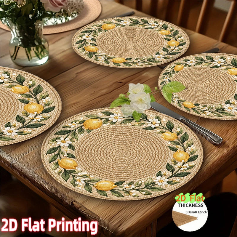 Lemon and Floral Rattan-Look Wooden Table Mats Set of 4, Flat Printed Placemats for Cheerful Dining and Summer Hosting