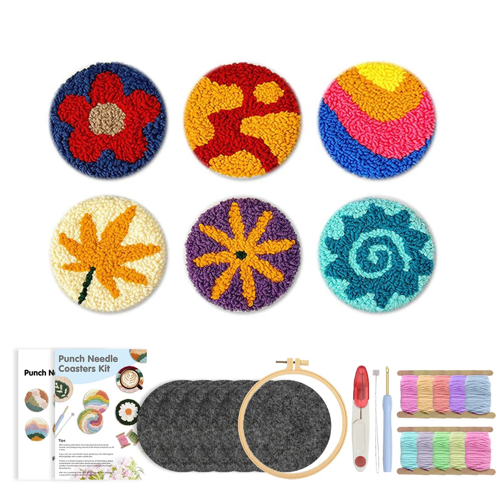 Flower Pattern Punch Needle Coaster Craft Kit for Beginners Tufted Mug Rugs and Creative Gifts
