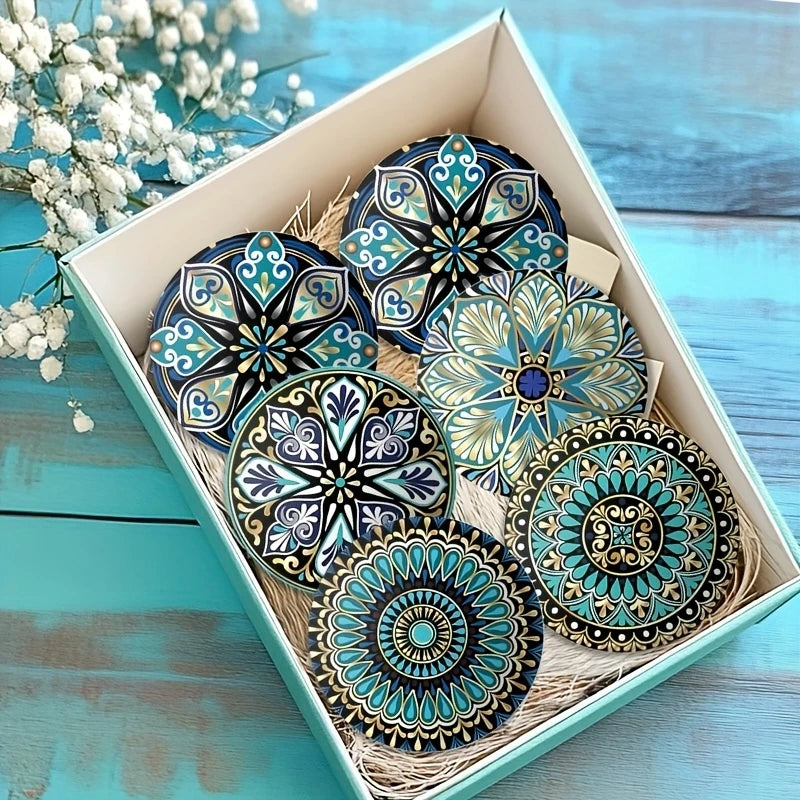 Mandala Flower Wooden Coaster Set of 6, Colorful Printed Drink Mats for Coffee Tables, Tea Cups and Cozy Home Decor