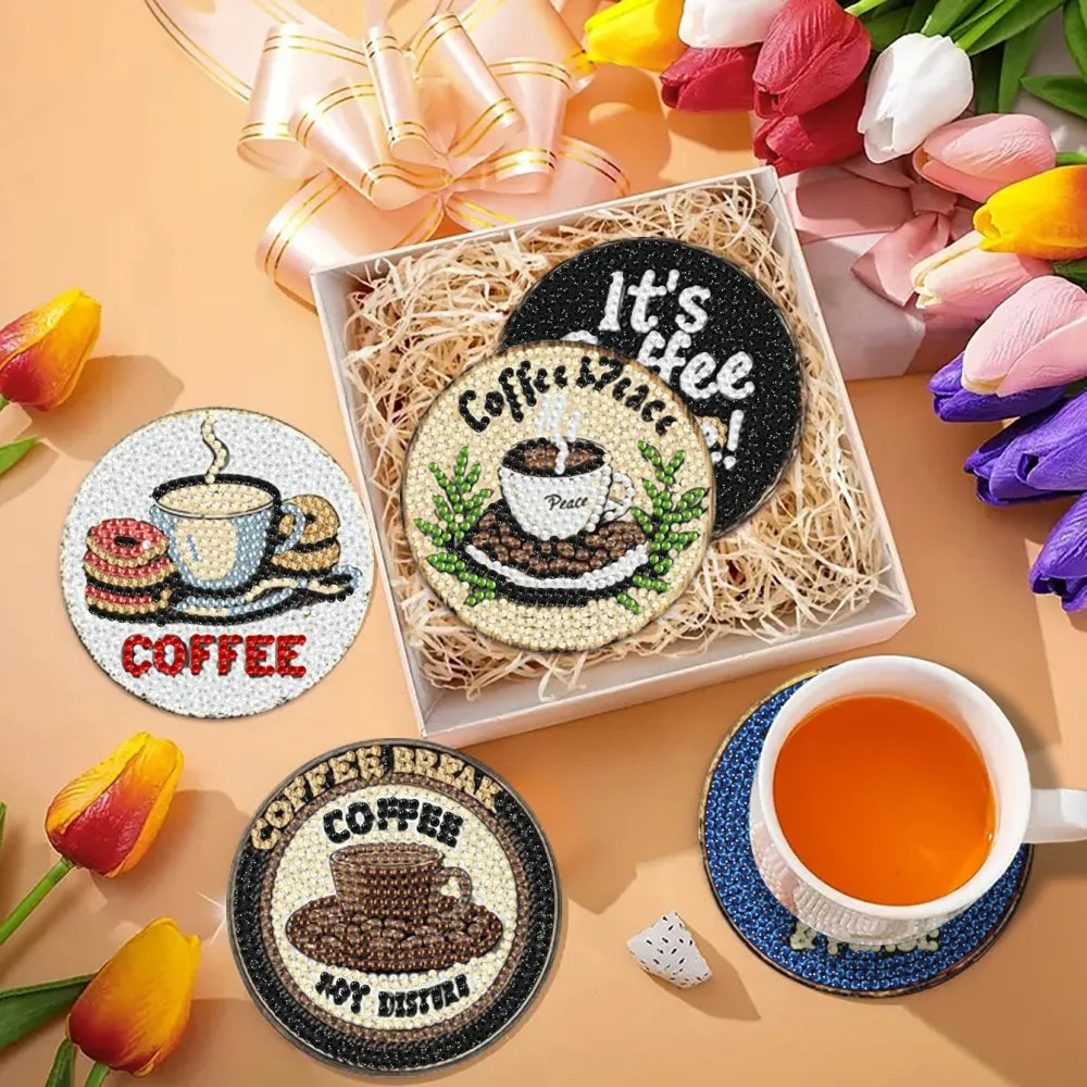 Coffee Pattern Diamond Painting Coaster DIY Kit of 8 with Holder, 9.7 cm Creative Drink Mats for Coffee Lovers and Craft Gifts