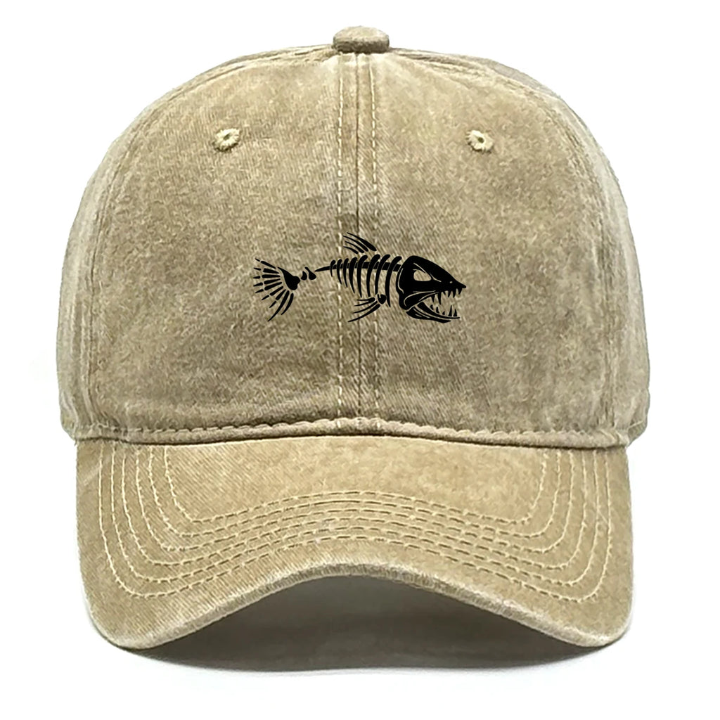 Vintage Washed Fish Skeleton Baseball Cap | Distressed Unisex Snapback Trucker Hat