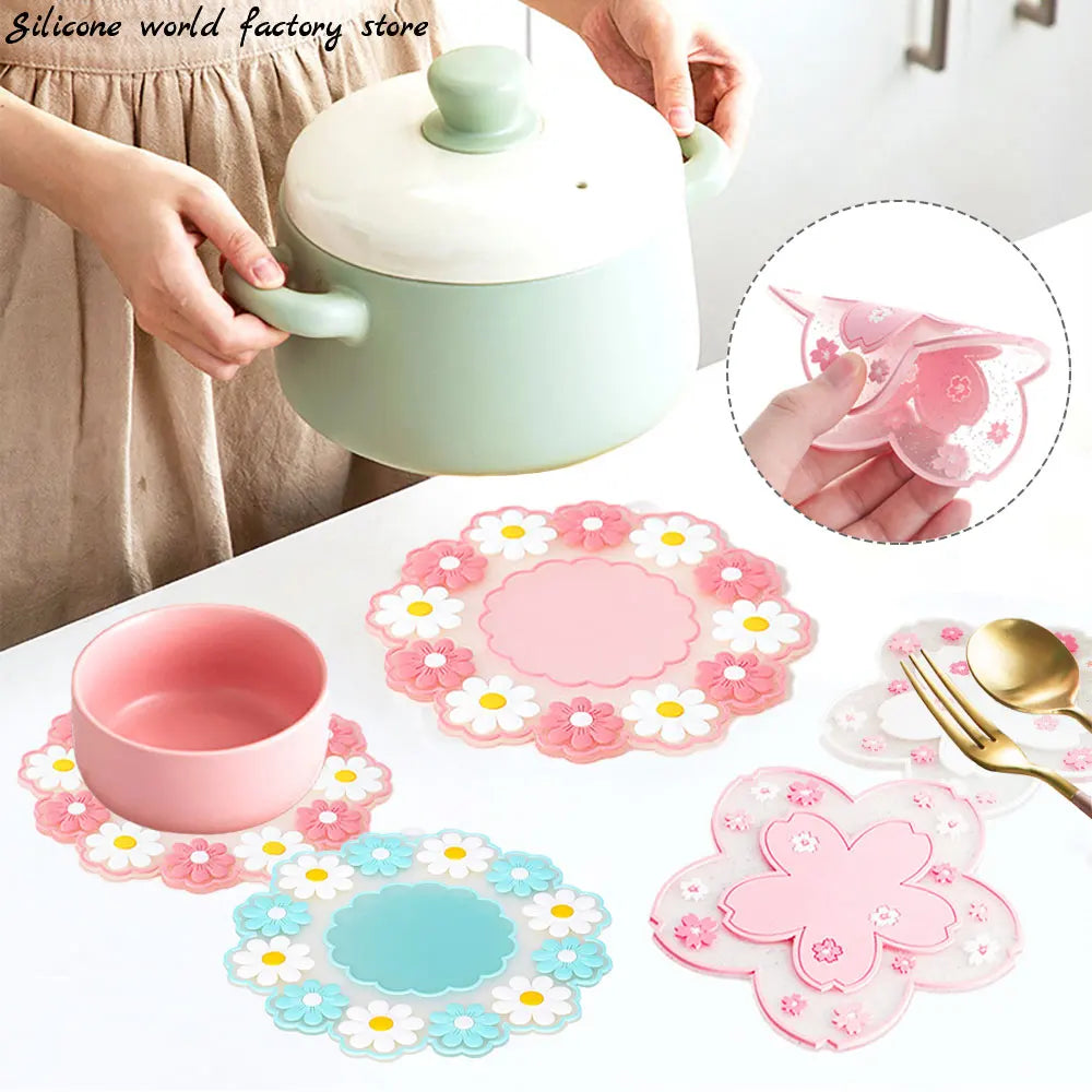 Sakura and Daisy Floral PVC Drink Coaster | Soft Flower Cup Mat in Pink White or Blue for Cheerful Tables