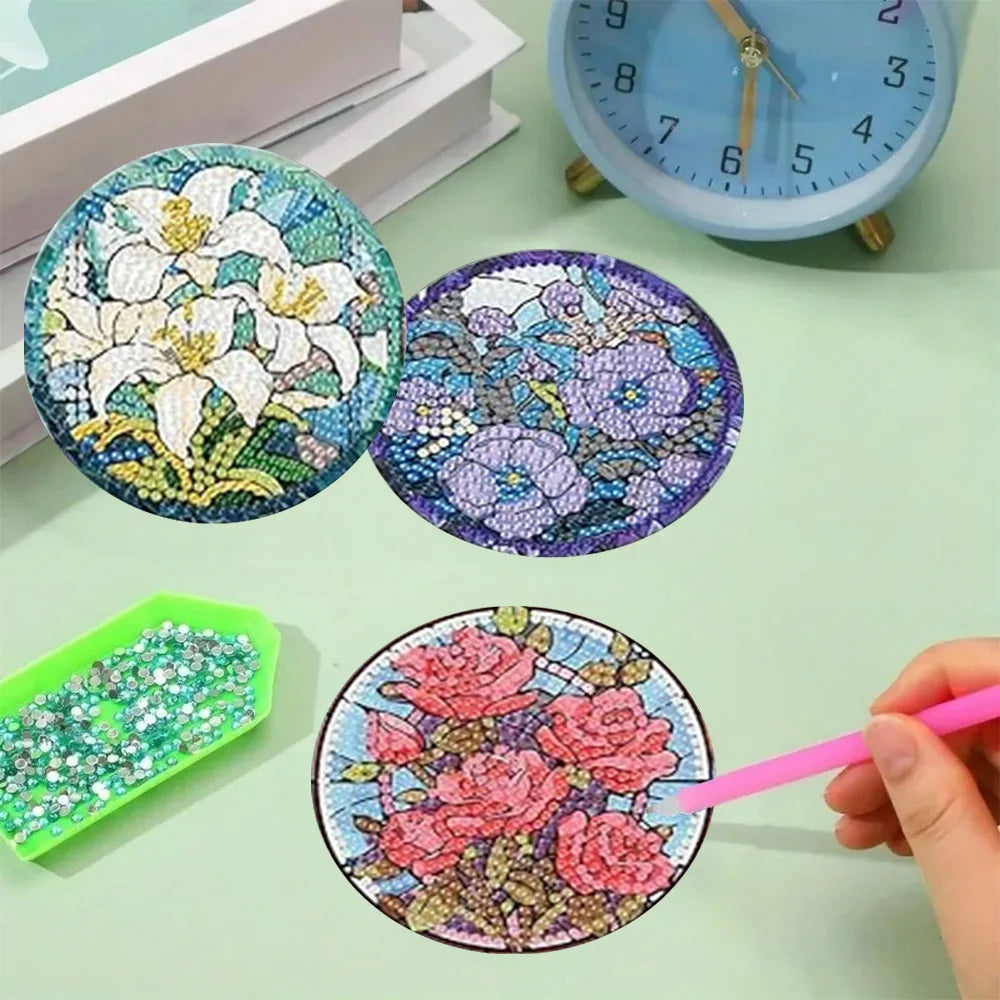 Floral Diamond Painting Coaster Set of 8 with Holder DIY Craft Kit for Table Decor and Gifts