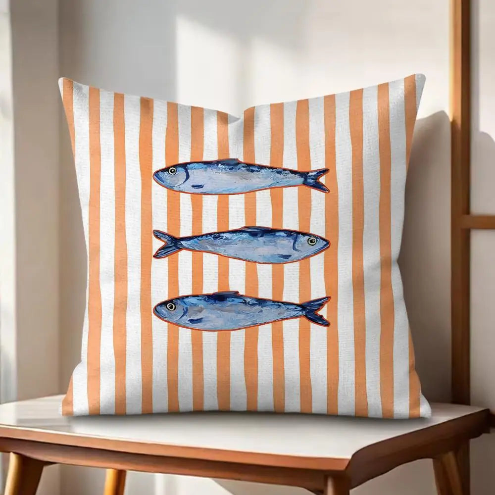 Ocean Life Theme Striped Cushion Cover Organic Linen Pillow Case Double-Sided Print Cushion Cover for Sofa Home Decor Gift