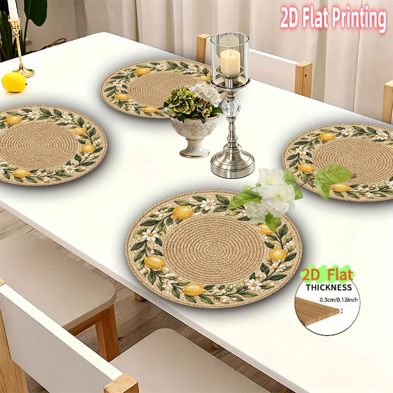 Lemon and Floral Rattan-Look Wooden Table Mats Set of 4, Flat Printed Placemats for Cheerful Dining and Summer Hosting