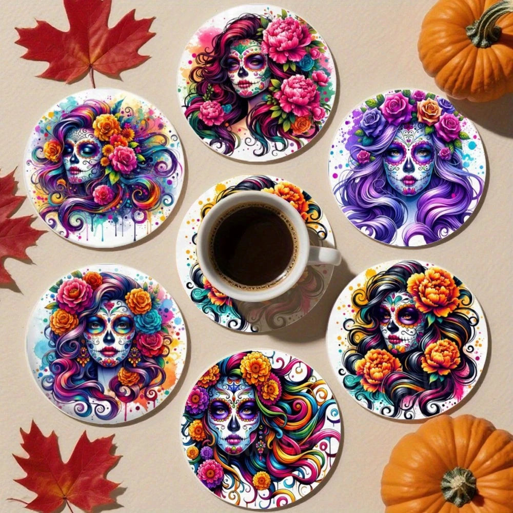 Floral Skull Wooden Drink Coasters, Set of 6 Printed 10 cm Cup Mats for Halloween Tables, Coffee Corners and Themed Gatherings