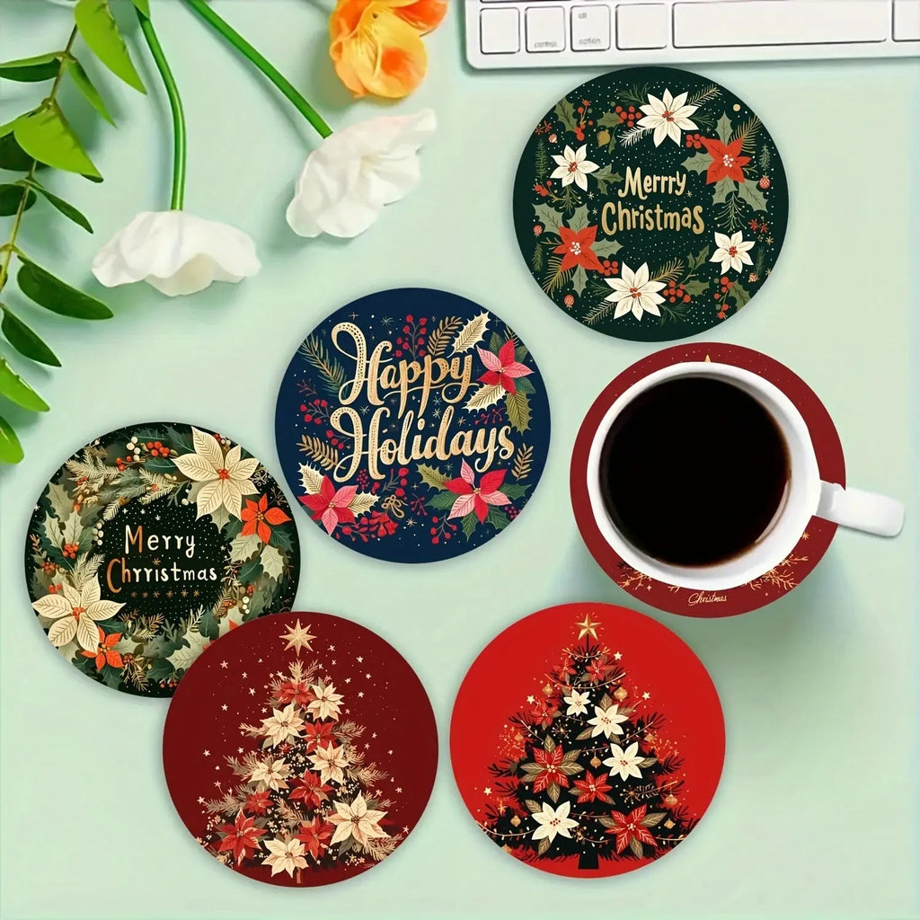Colorful Christmas Tree Wooden Coaster Set of 6, 10 cm Printed Holiday Drink Mats for Festive Coffee Tables and Tea Cups