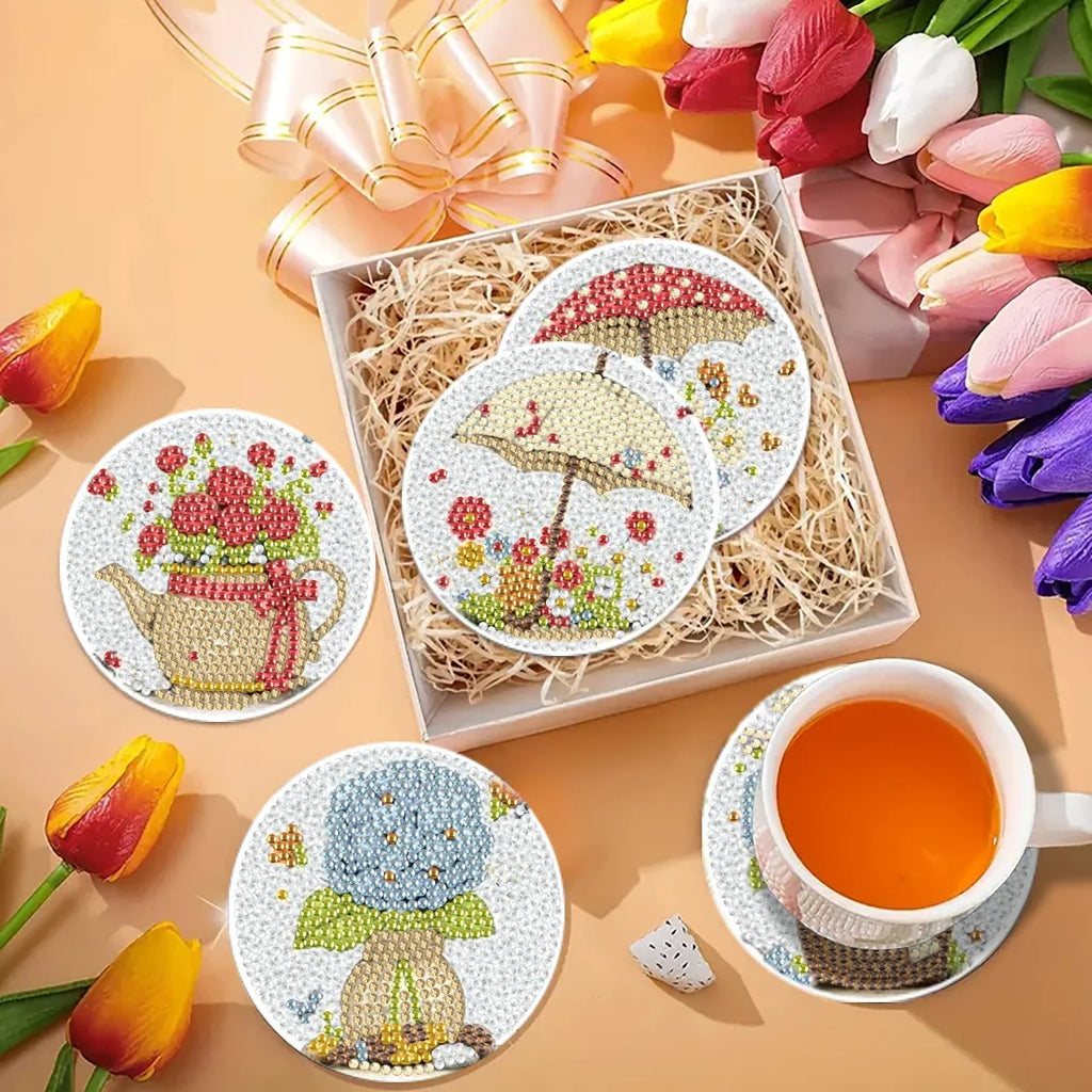 Flower Garden Diamond Painting Drink Coaster Set with Holder DIY Table Decor and Creative Gift