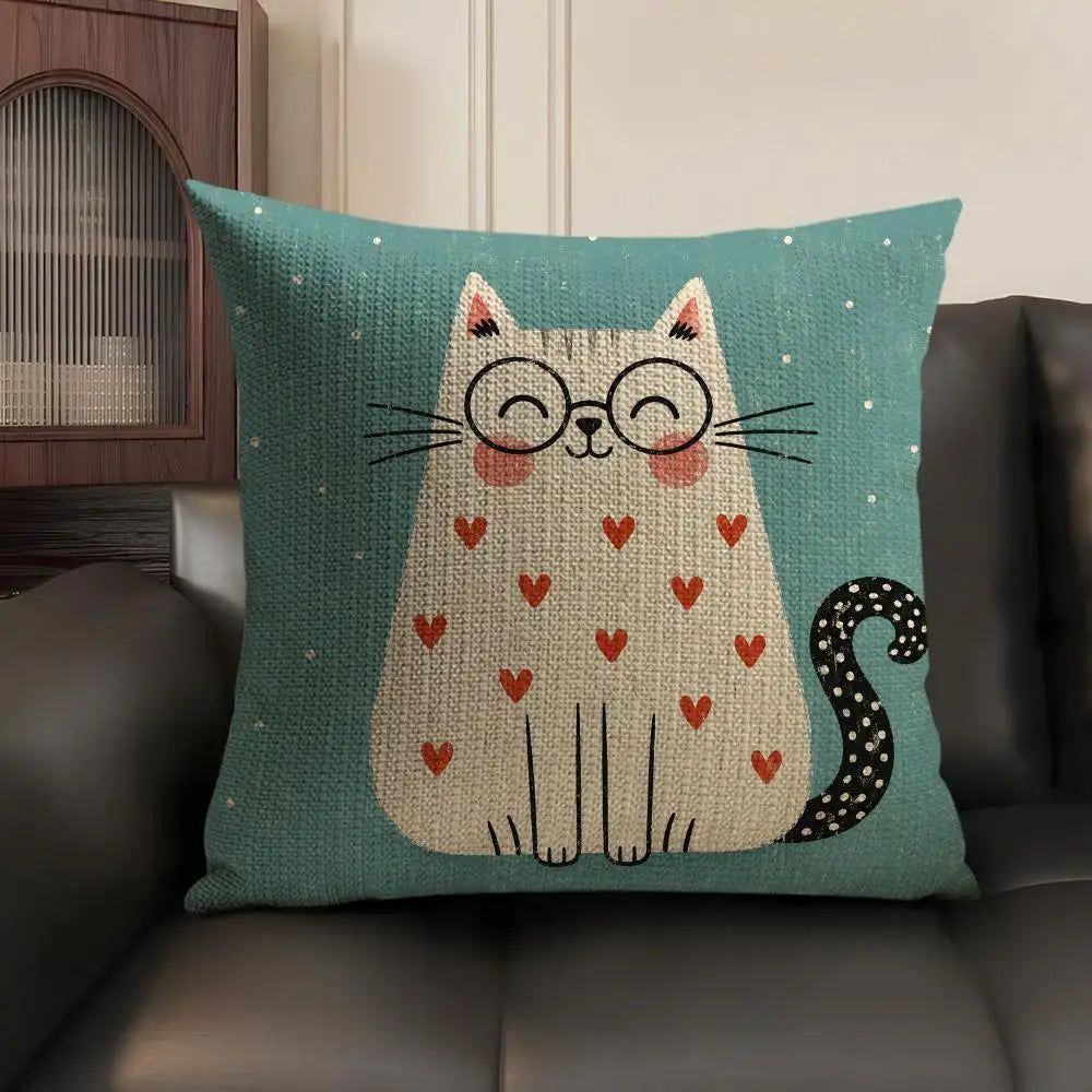 Cartoon Cute Cat Cushion Cover Natural Linen Organic Fabric Double Sided Print Sofa Pillow Case Home Decor Gift