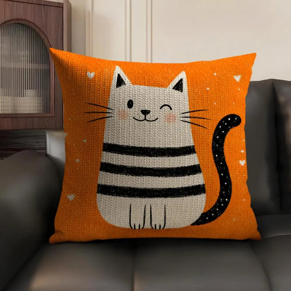 Cartoon Cute Cat Cushion Cover Natural Linen Organic Fabric Double Sided Print Sofa Pillow Case Home Decor Gift
