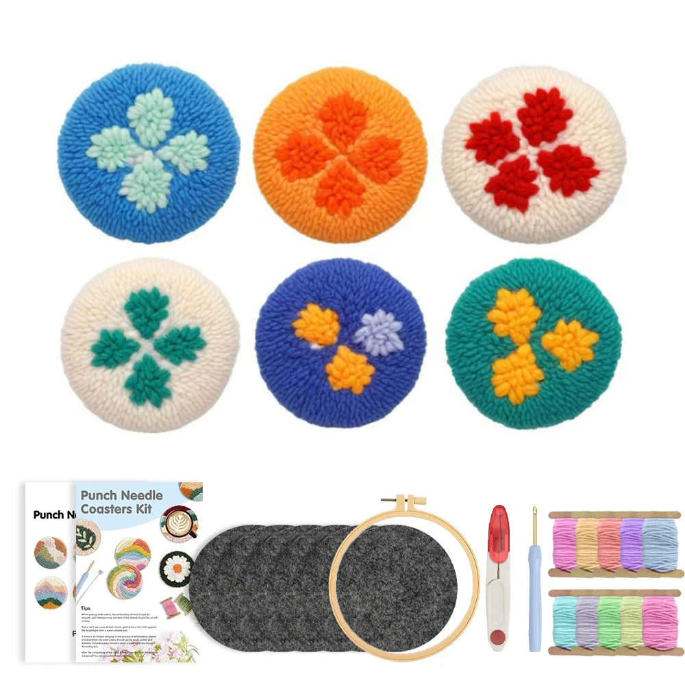 Flower Pattern Punch Needle Coaster Craft Kit for Beginners Tufted Mug Rugs and Creative Gifts