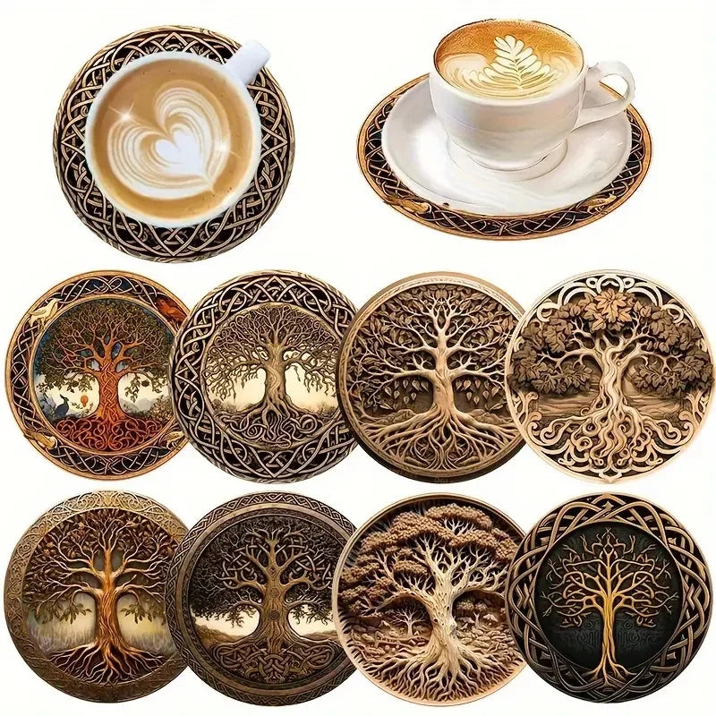 Tree Pattern Wooden Coaster Set of 8, 10 cm Nature Inspired Drink Mats for Coffee Tables, Tea Cups and Everyday Hosting