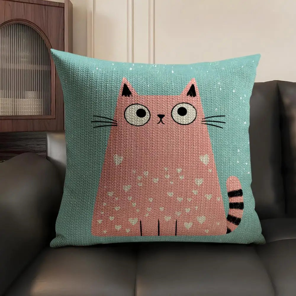 Cartoon Cute Cat Cushion Cover Natural Linen Organic Fabric Double Sided Print Sofa Pillow Case Home Decor Gift