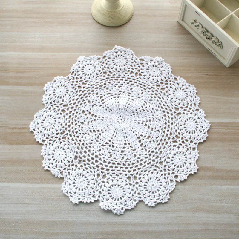 Hand Crocheted Cotton Lace Table Mat | Vintage Round Doily in Beige or White for Coffee Cups and Dining Decor