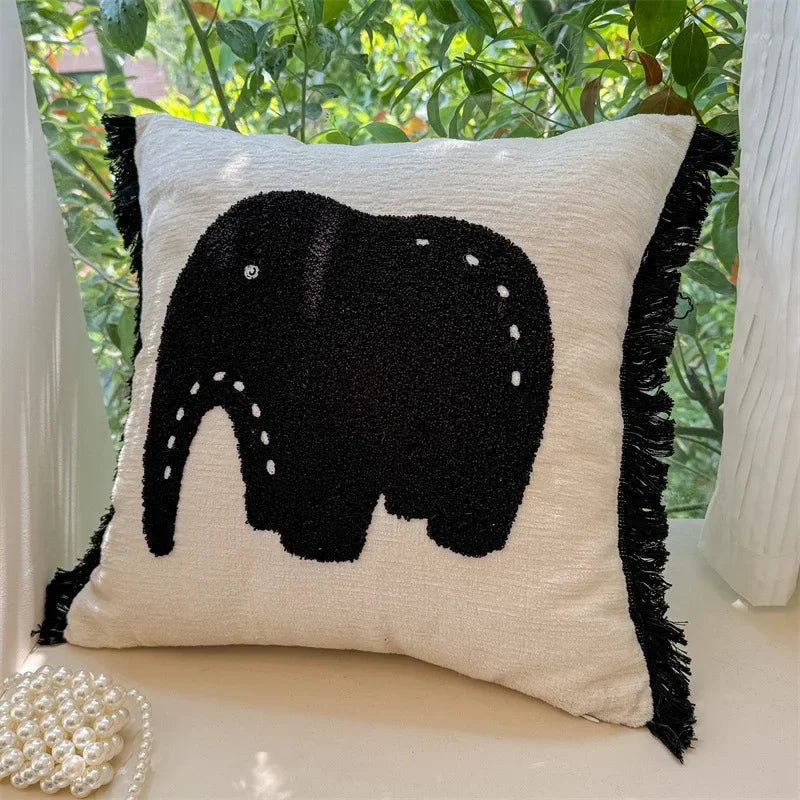 Monochrome Safari Embroidered Chenille Pillow Cover – 45 × 45 cm