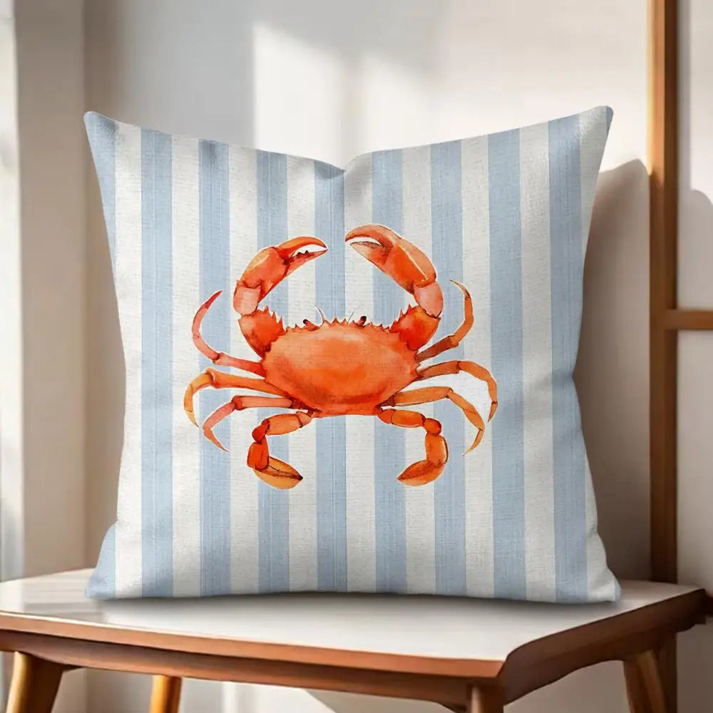 Ocean Life Theme Striped Cushion Cover Organic Linen Pillow Case Double-Sided Print Cushion Cover for Sofa Home Decor Gift
