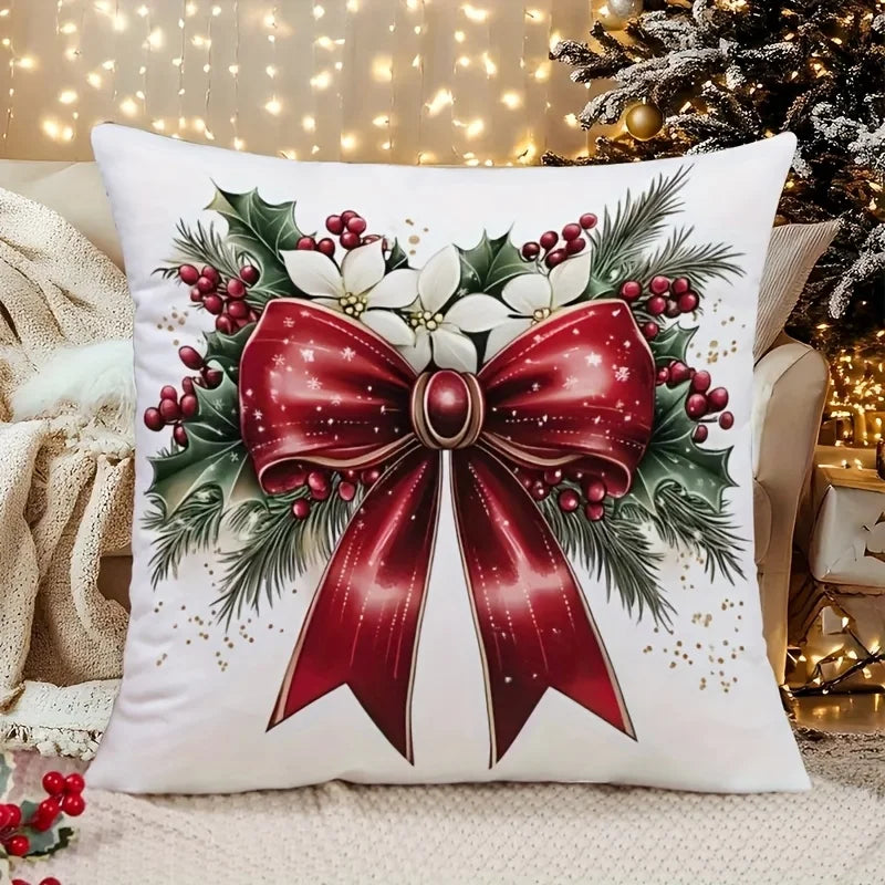Christmas Wreath & Bow Pillow Cover – Double-Sided Holiday Sofa Cushion Case