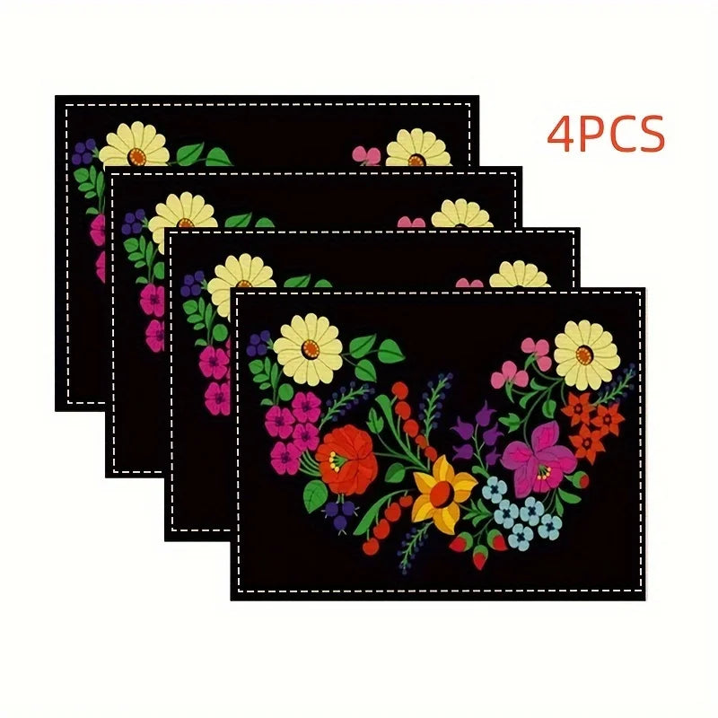 Colorful Floral Embroidered Table Mat Set for Dining Tables Boho Kitchen and Party Decor
