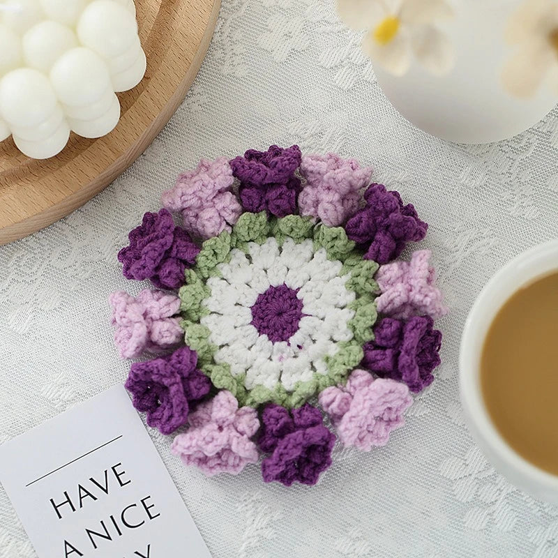 Crochet Rose Flower Drink Coasters for Coffee Tables Handmade Style Floral Kitchen Decor