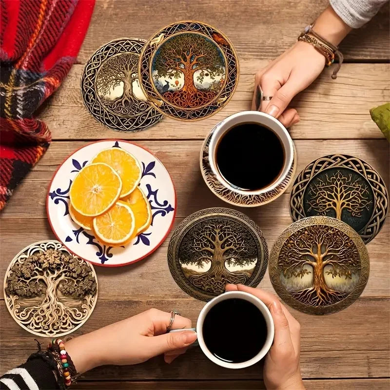 Tree Pattern Wooden Coaster Set of 8, 10 cm Nature Inspired Drink Mats for Coffee Tables, Tea Cups and Everyday Hosting