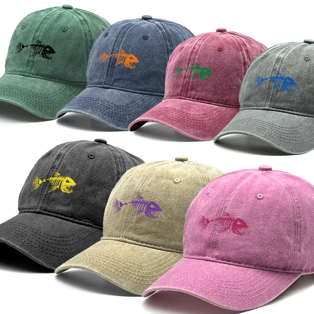 Vintage Washed Fish Skeleton Baseball Cap | Distressed Unisex Snapback Trucker Hat