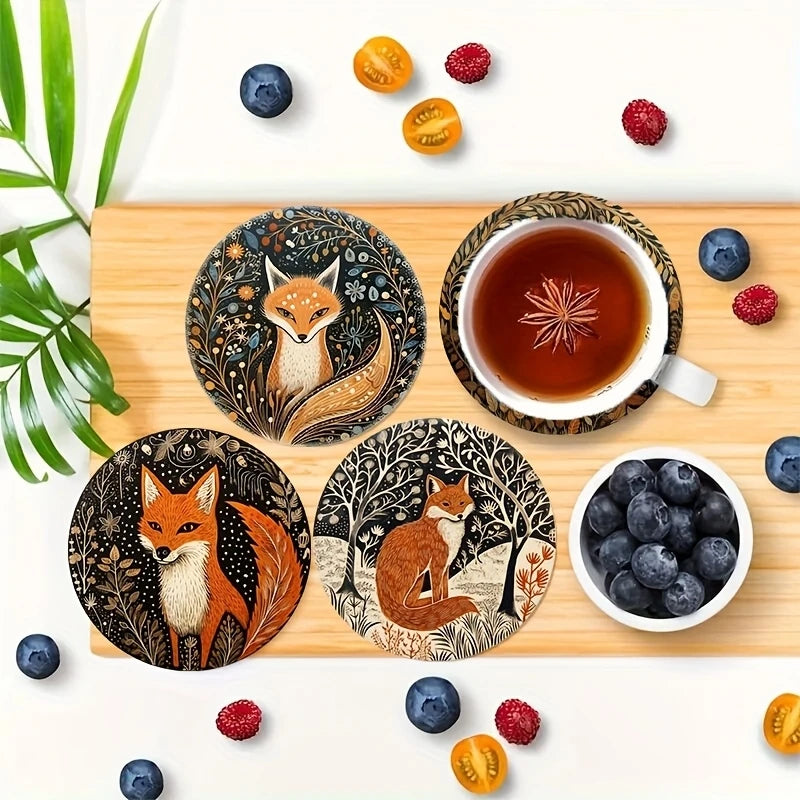 Colorful Fox Wooden Coaster Set of 8, 10 cm Printed Boho Drink Mats for Coffee Tables, Tea Cups and Playful Home Decor