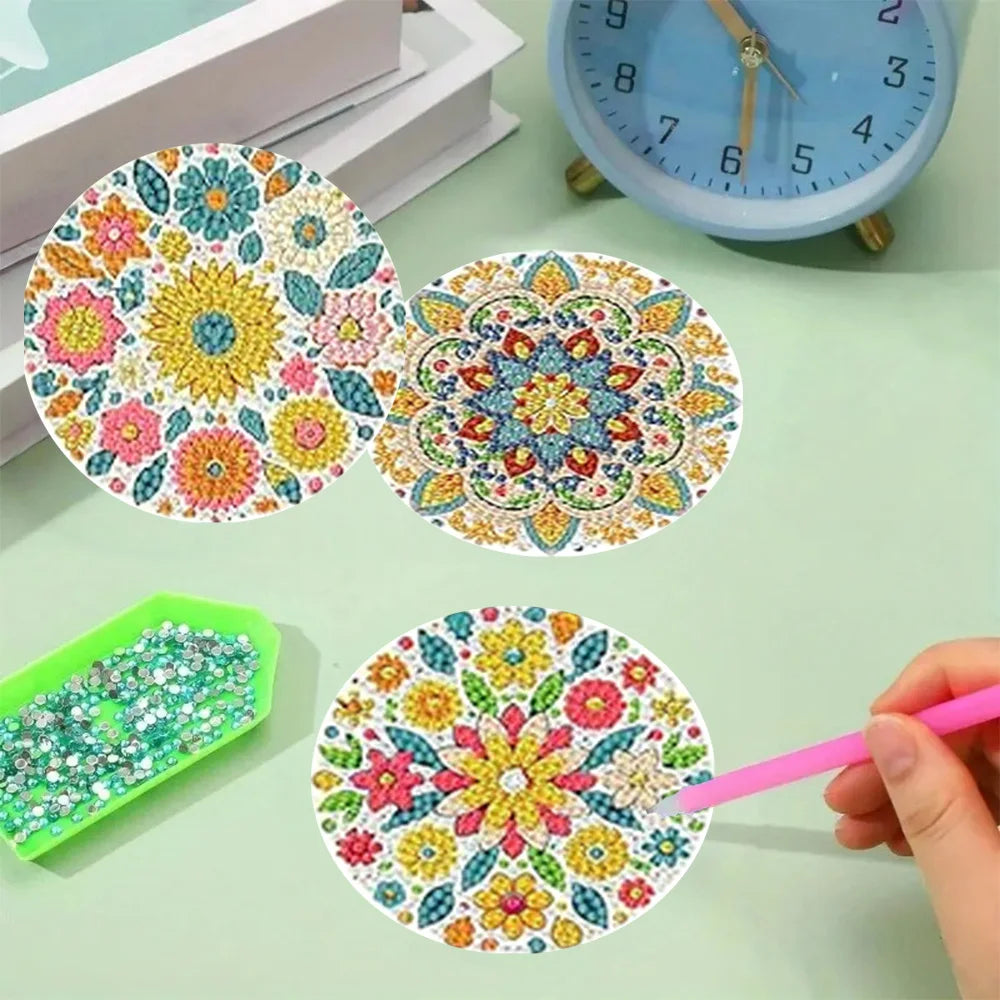 Flower Wreath Diamond Painting Coaster Kit, Set of 8 DIY Acrylic Drink Coasters with Metal Holder for Creative Evenings