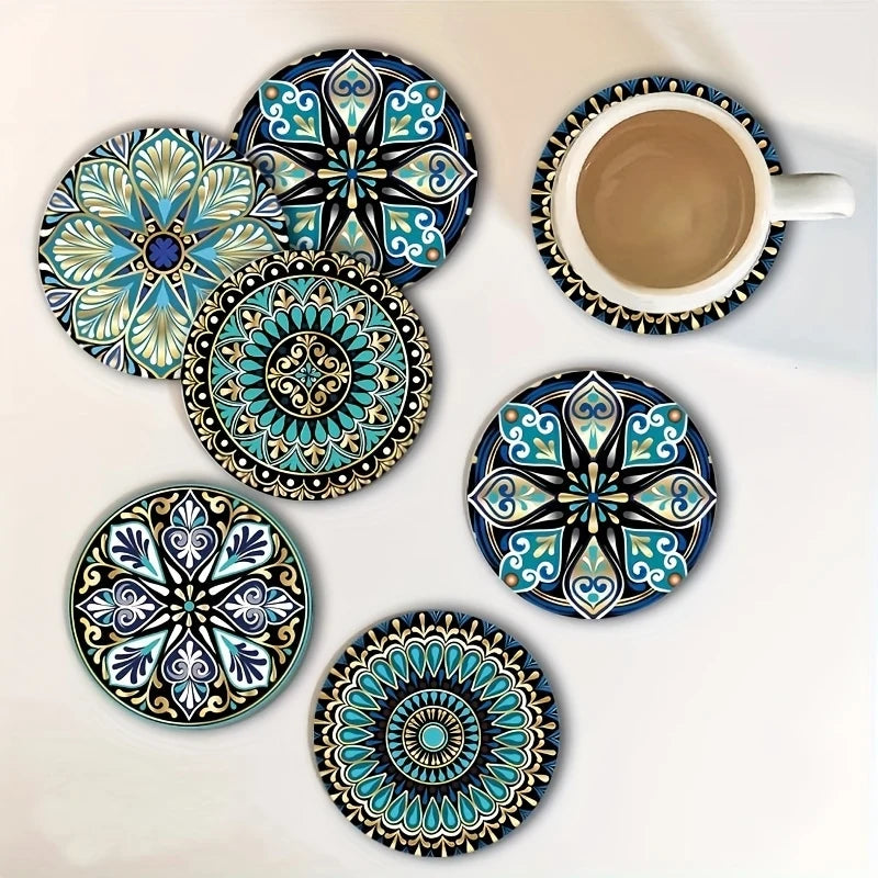 Mandala Flower Wooden Coaster Set of 6, Colorful Printed Drink Mats for Coffee Tables, Tea Cups and Cozy Home Decor