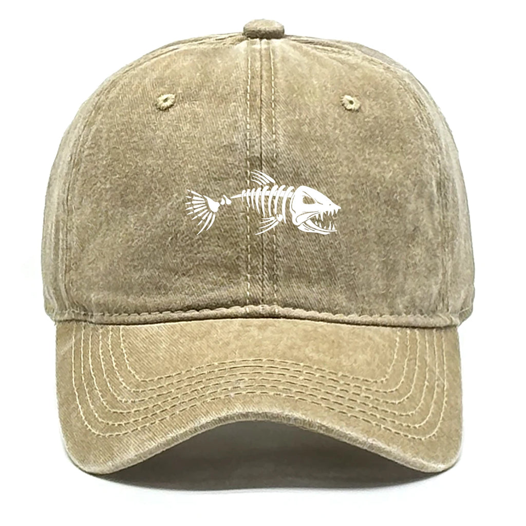 Vintage Washed Fish Skeleton Baseball Cap | Distressed Unisex Snapback Trucker Hat