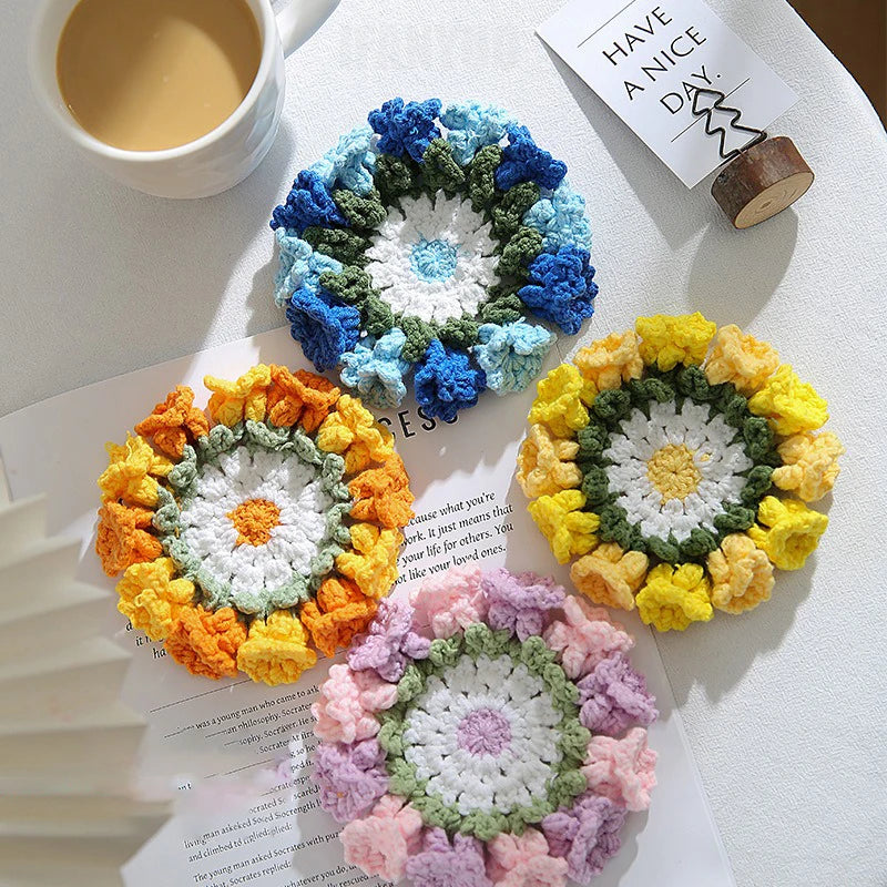 Crochet Rose Flower Drink Coasters for Coffee Tables Handmade Style Floral Kitchen Decor