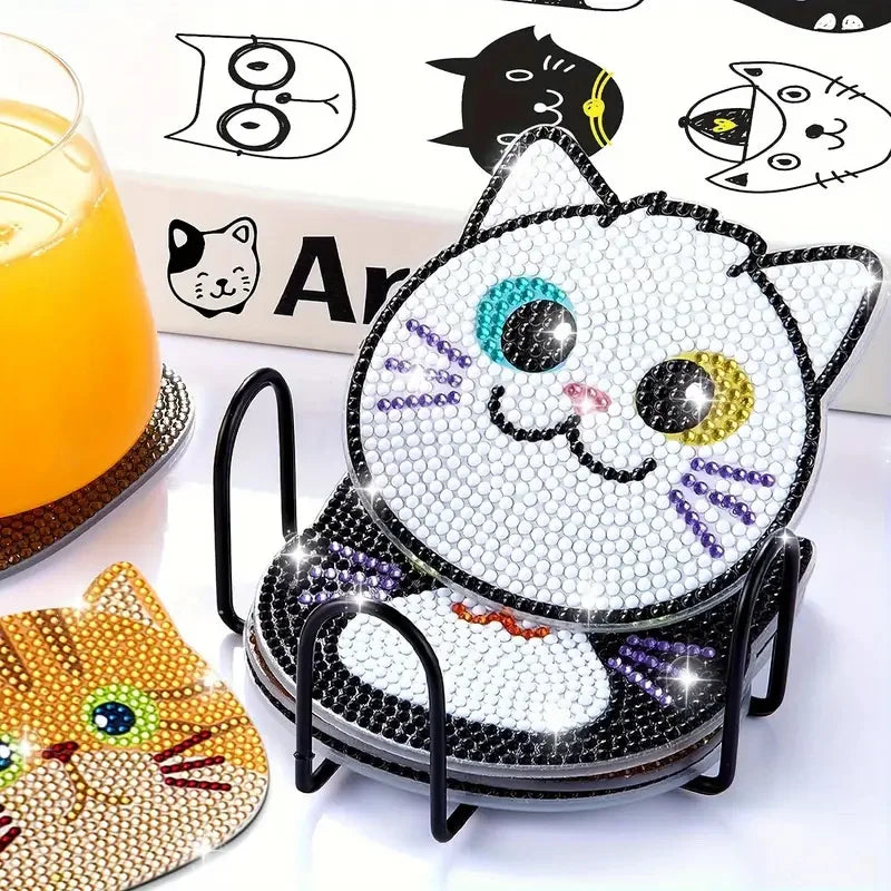 Cute Cat DIY Diamond Painting Coaster Kit Set of 10 | Colorful Round Mosaic Cup Mats for Craft Lovers
