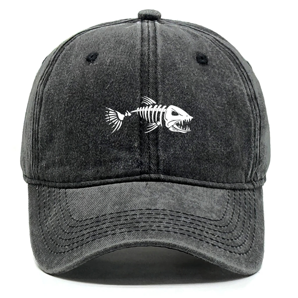 Vintage Washed Fish Skeleton Baseball Cap | Distressed Unisex Snapback Trucker Hat
