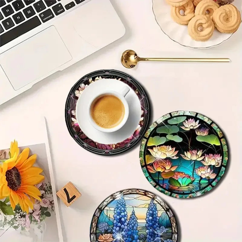 Floral Wooden Drink Coaster Set for Coffee Tables Cafe Style Kitchen Decor and Everyday Entertaining