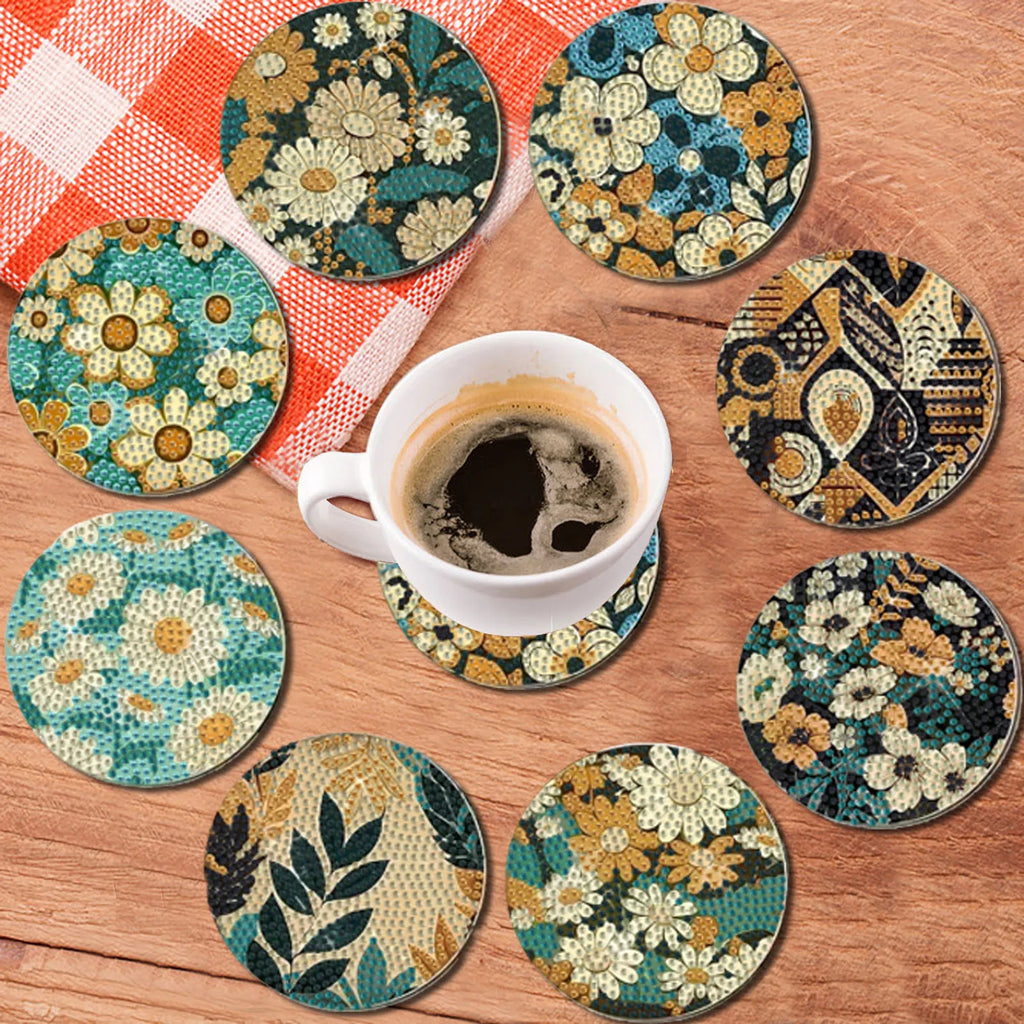 Floral DIY Diamond Painting Coaster Kit Set of 8 | Colorful Mosaic Drink Coasters for Creative Coffee Tables