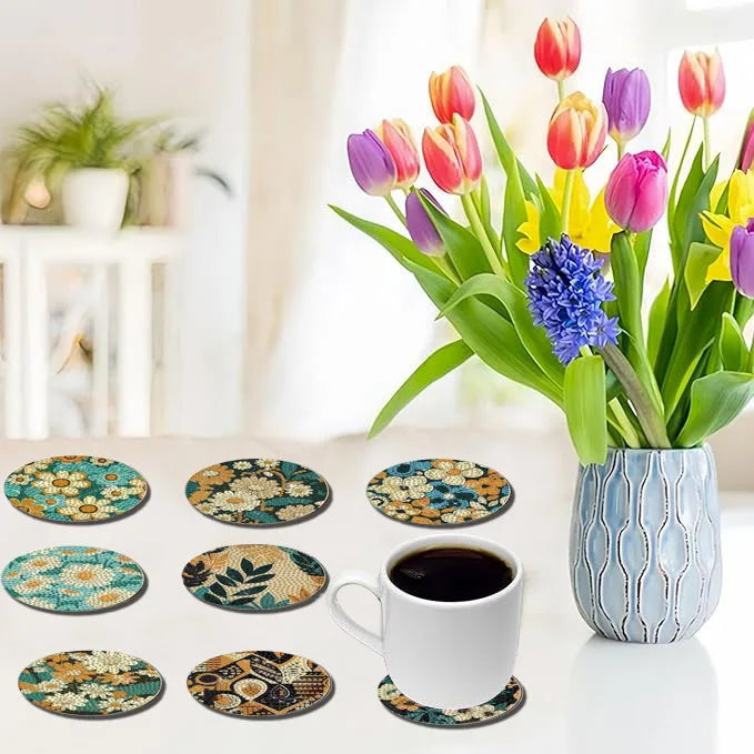 Floral DIY Diamond Painting Coaster Kit Set of 8 | Colorful Mosaic Drink Coasters for Creative Coffee Tables