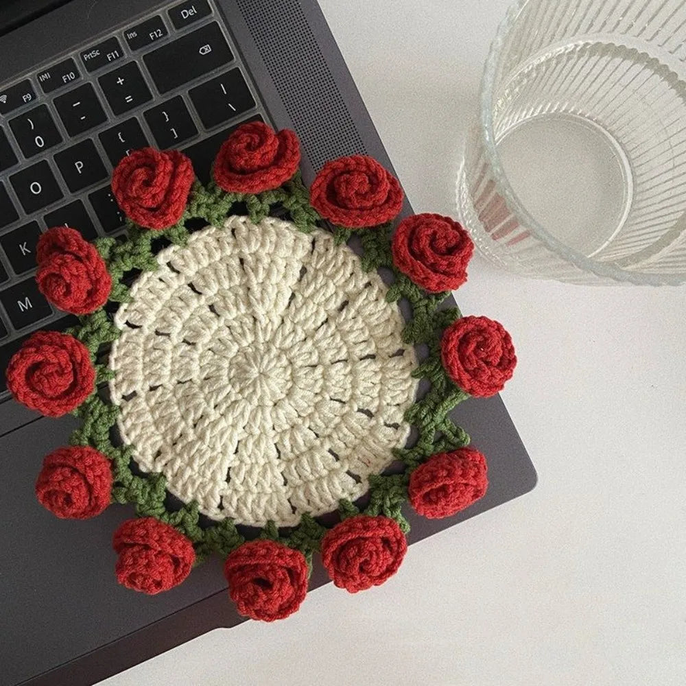 Mini Daisy Bouquet Crochet Drink Coaster with Basket for Coffee Tables and Floral Gifts