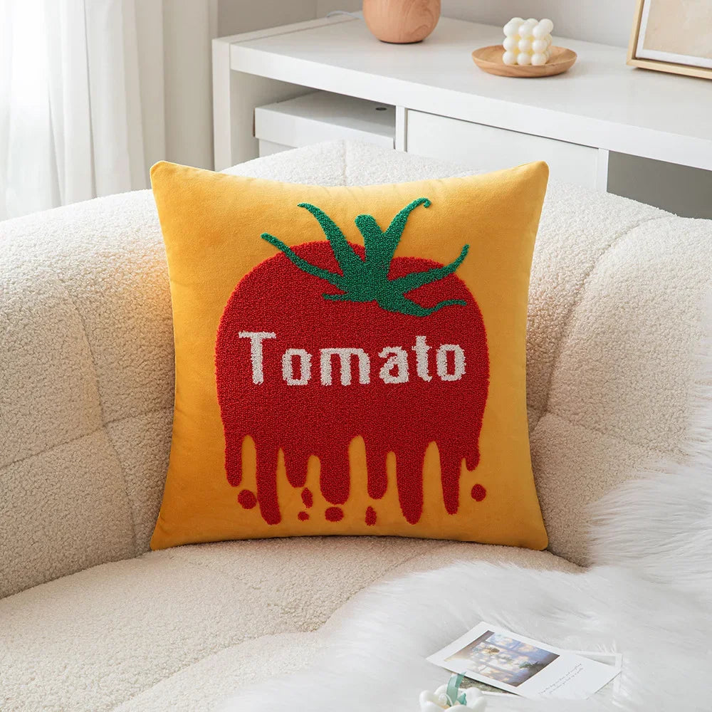Sunny Market Fruit Embroidered Pillow Cover – 45 × 45 cm