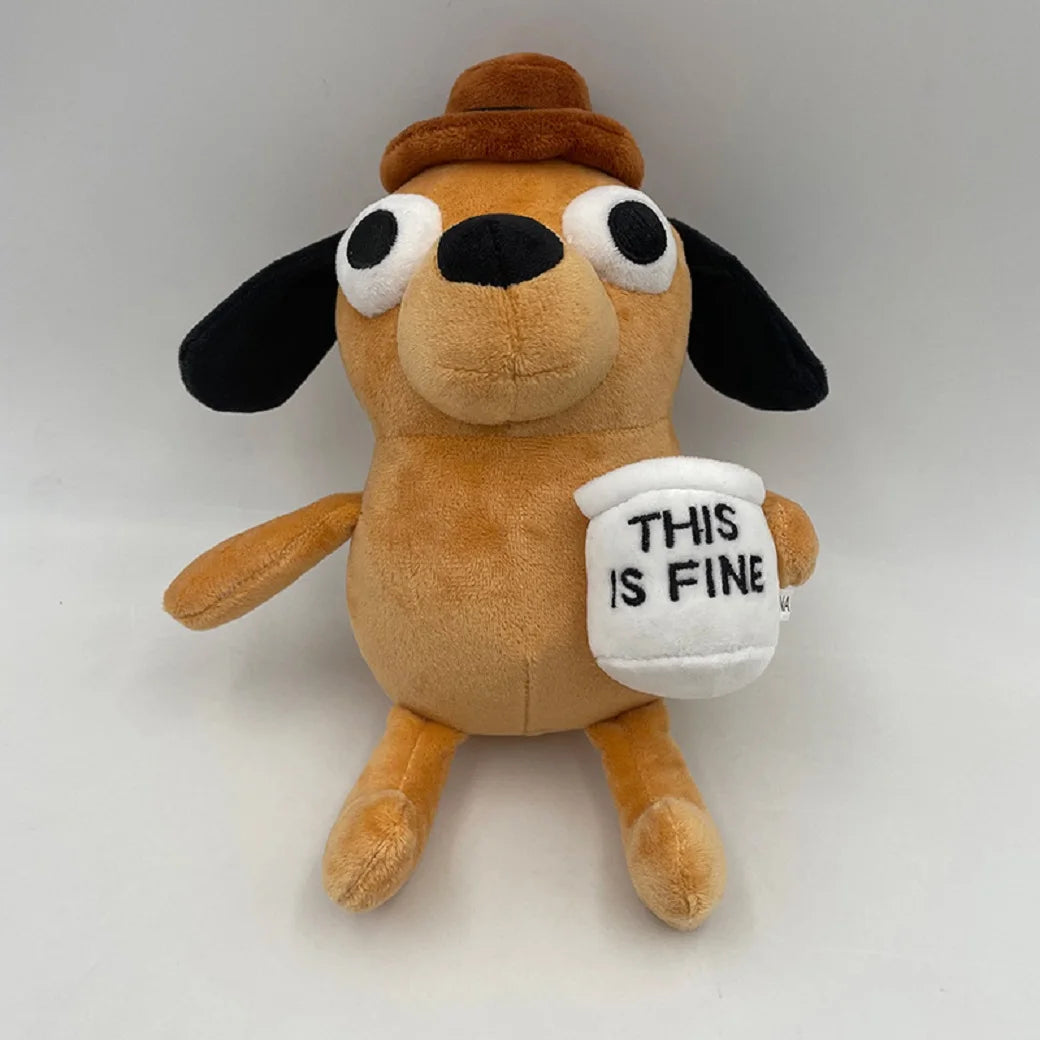 This Is Fine Meme Coffee Dog Plush Toy Soft Stuffed Doll Stuffed Plush Animals Kids Toy Gift for Children Boy Birthday 25cm