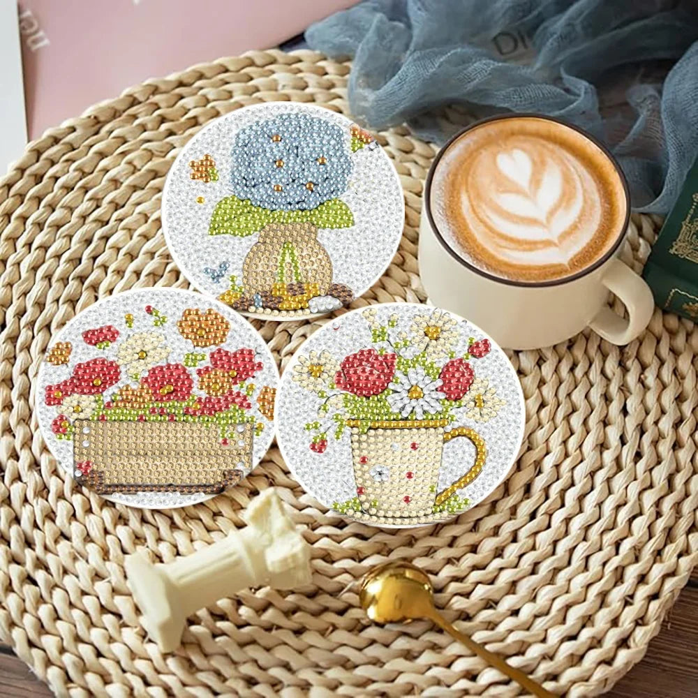 Flower Garden Diamond Painting Drink Coaster Set with Holder DIY Table Decor and Creative Gift