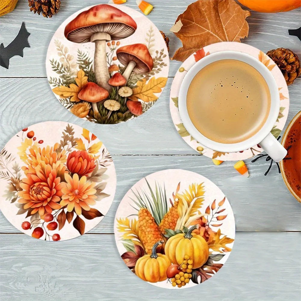 Autumn Pumpkin Leaf Wooden Coaster Set of 6, 10 cm Printed Fall Drink Mats for Coffee Tables, Tea Cups and Seasonal Decor