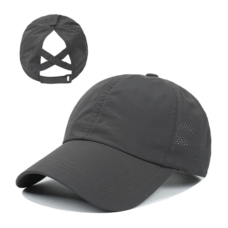 Women’s Quick-Dry Mesh Ponytail Baseball Cap – Cross Strap Athletic Golf Hat