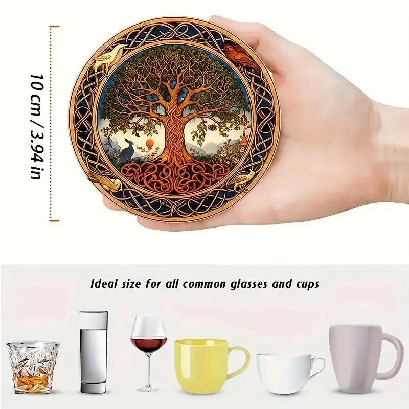 Tree Pattern Wooden Coaster Set of 8, 10 cm Nature Inspired Drink Mats for Coffee Tables, Tea Cups and Everyday Hosting