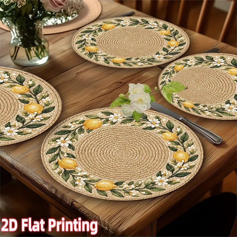 Lemon Blossom Round Table Mat Set of 4, 38 cm Printed Polyester Placemats with Faux Rattan Look for Dining Tables