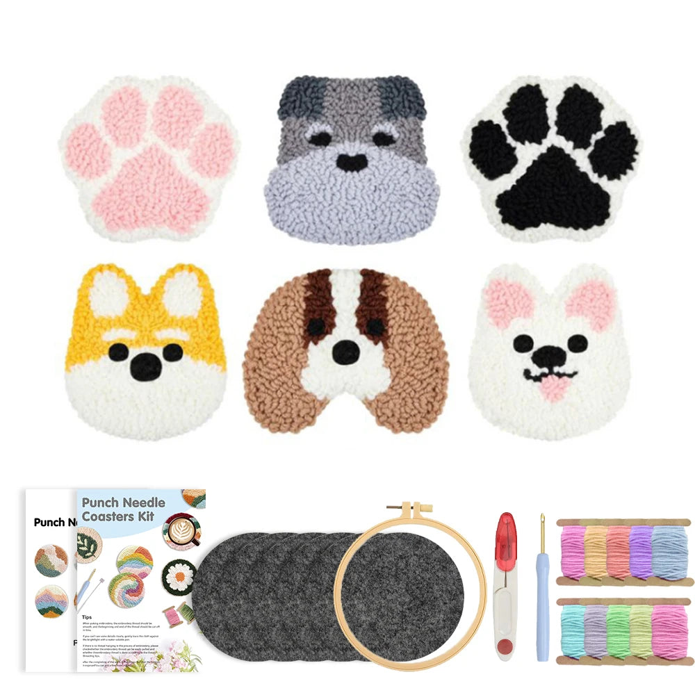 Cute Dog Punch Needle Coaster Craft Kit for Beginners Handmade Animal Mug Rugs and Gifts