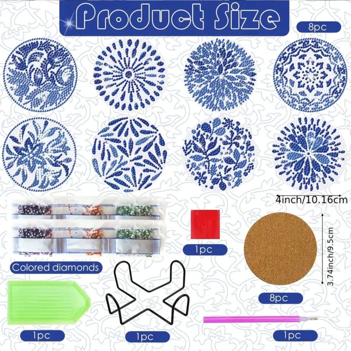Blue and White Porcelain Diamond Painting Drink Coaster Set with Holder for DIY Craft Lovers