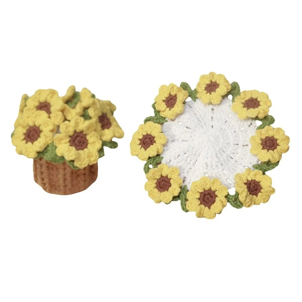 Mini Daisy Bouquet Crochet Drink Coaster with Basket for Coffee Tables and Floral Gifts