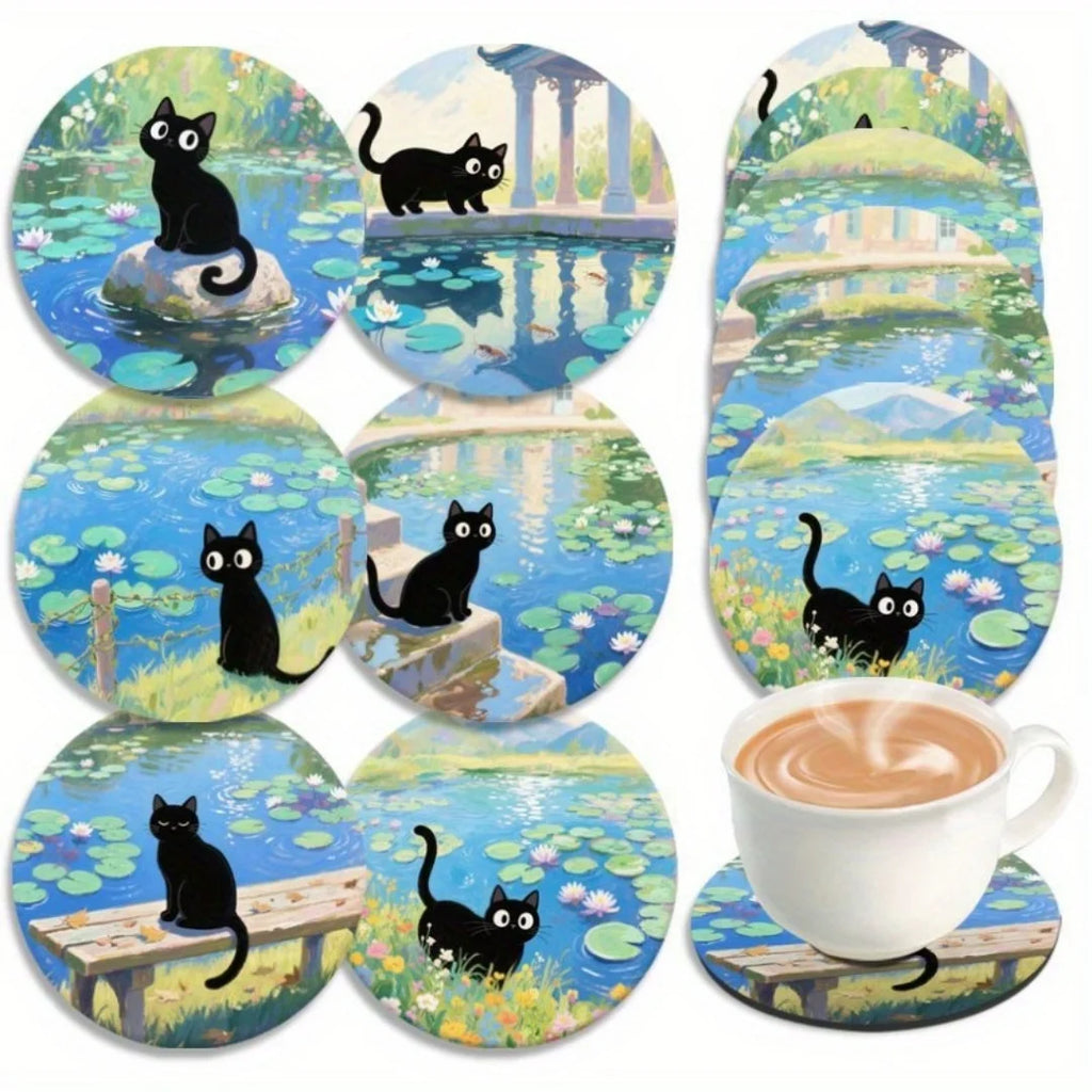 Black Cat and Lotus Wooden Drink Coaster Set for Coffee Tables Kitchen Decor and Cat Lover Gifts
