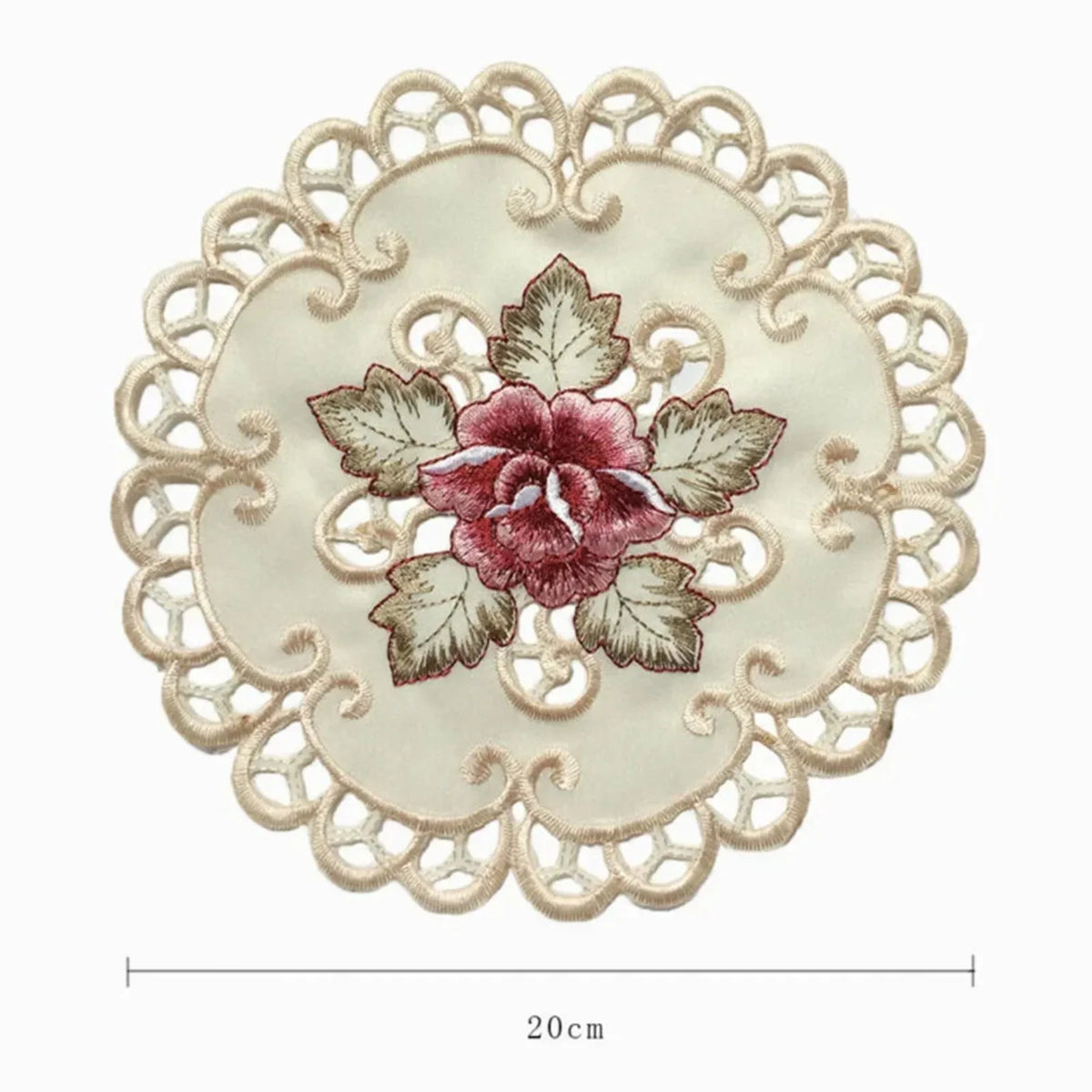 Floral Embroidered Satin Table Mats Set of 4, 20 cm Round Fabric Accents for Tea Tables, Dessert Plates and Cozy Dining